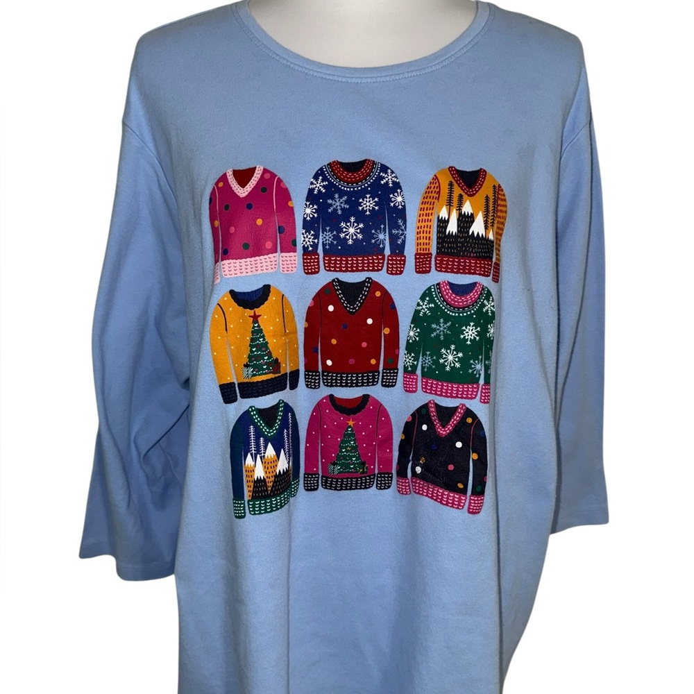 Kim Rogers Perfectly Soft Holiday Sweater Graphic Top Women’s 2X‎ Blue Cotton